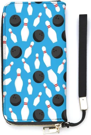 Sport Bowling Ball And Bowling Pins Women's Leather Long Large Capacity Wallet Clutch Wallet with Hand Strap