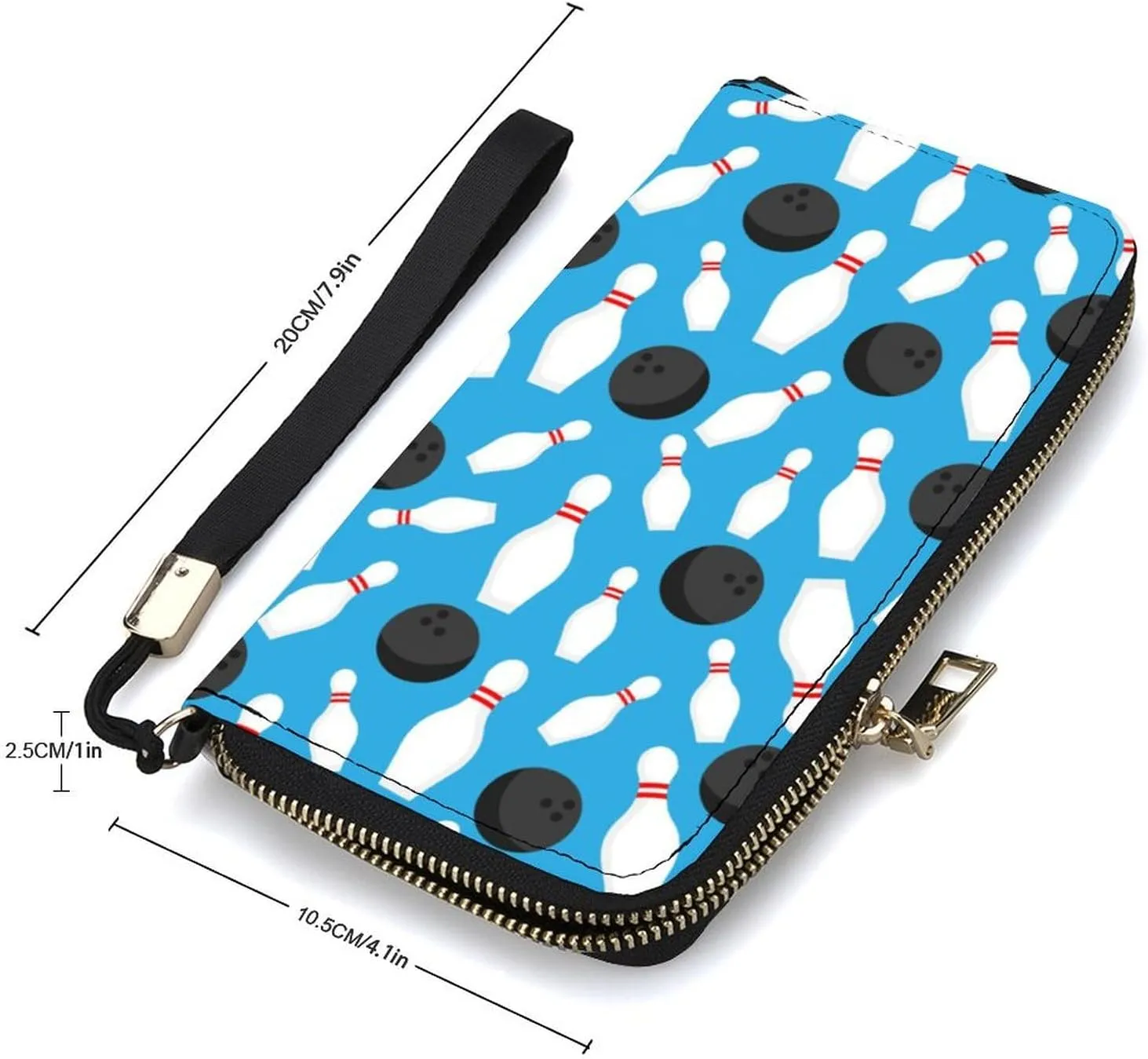 Sport Bowling Ball And Bowling Pins Women's Leather Long Large Capacity Wallet Clutch Wallet with Hand Strap