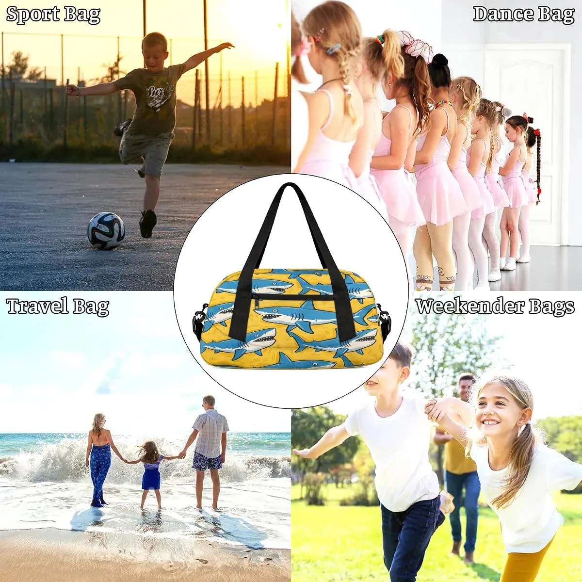 Sport Duffel Bag Funny Sharks Kids Gym Bag Weekender Overnight Bags for Boys Girls Teens Carry On Workout Travel Bag