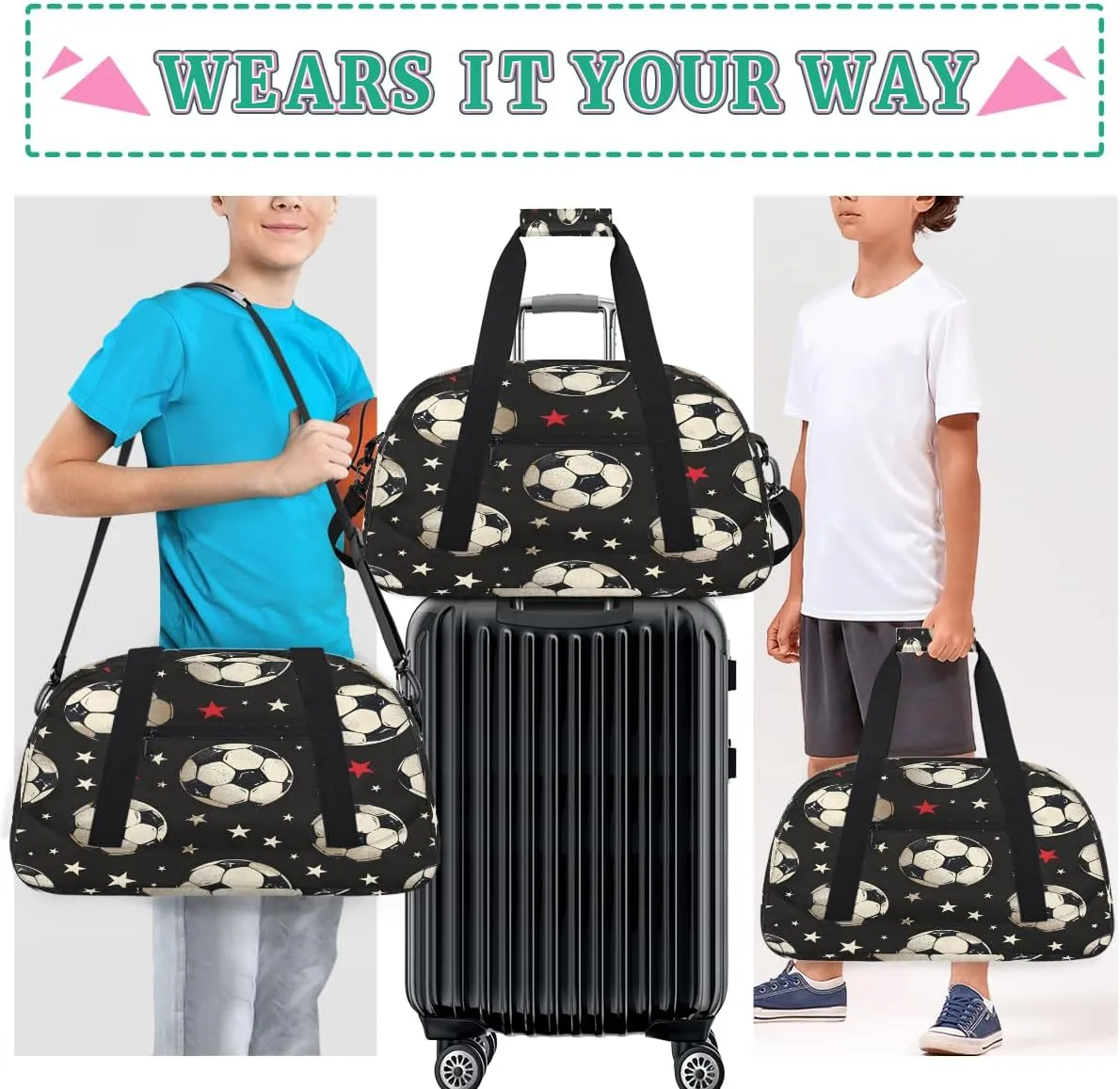 Sport Pattern Kids Overnighter Duffel Bags for Boys, Carry-On Size Sports Gym Bag with Front Zipper Pocket for School Practice or Overnight Travel Weekender Sleepover Tote Bag