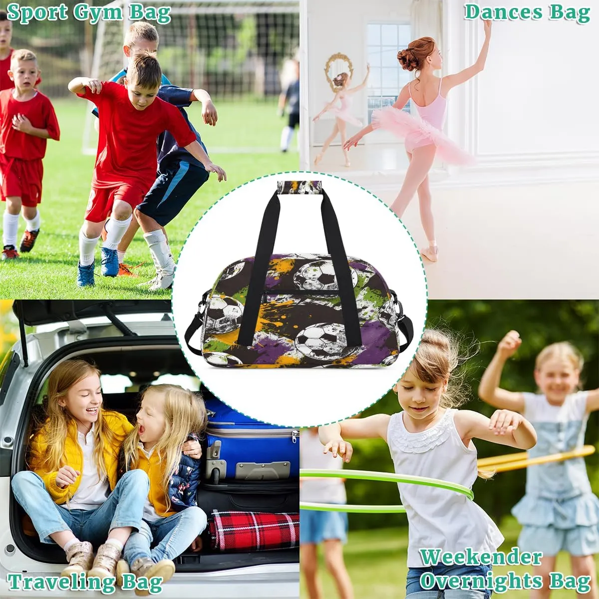 Sport Themed Kids Overnighter Duffel Bags for Boys, Carry-On Size Sports Gym Bag with Front Zipper Pocket for School Practice or Overnight Travel Weekender Sleepover Tote Bag