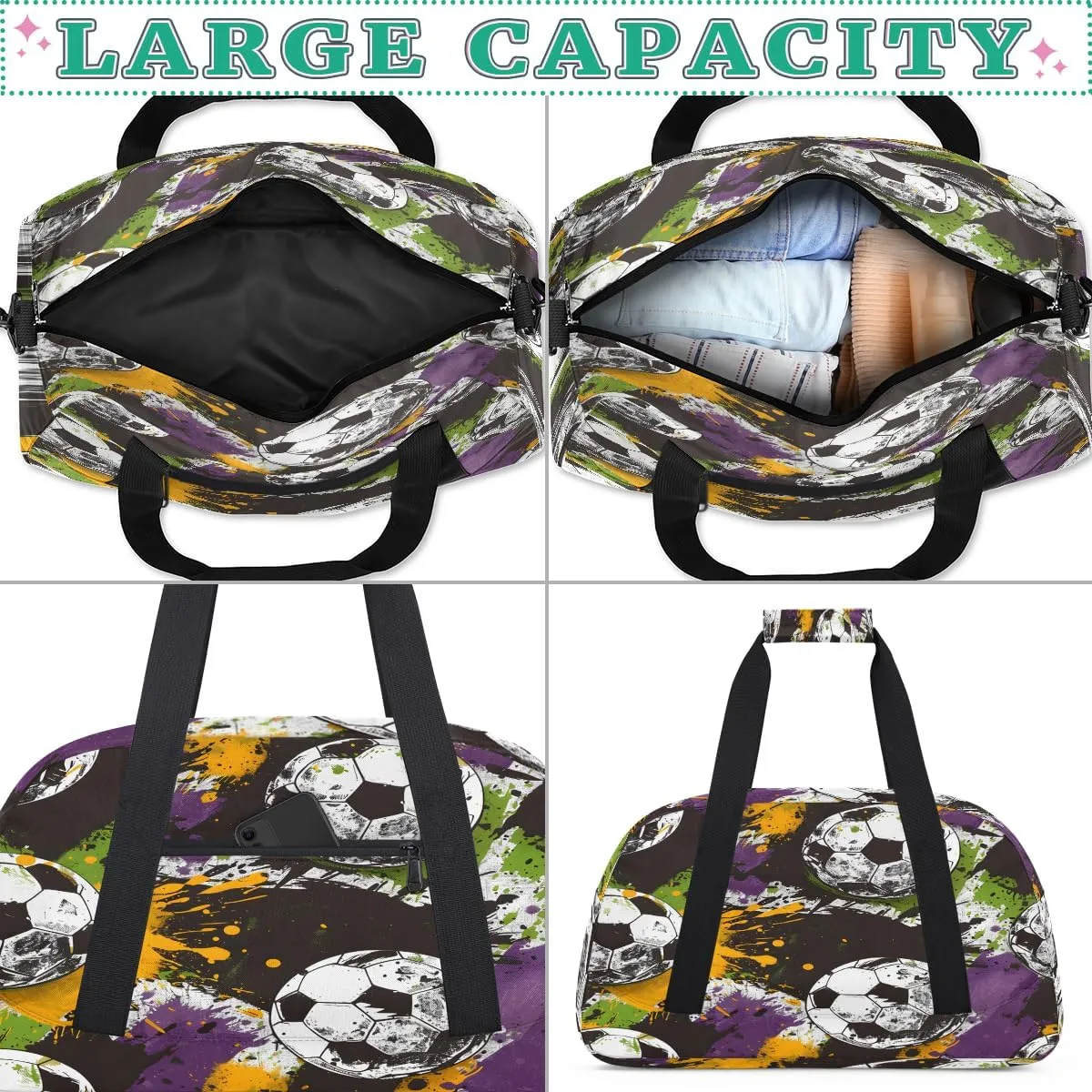 Sport Themed Kids Overnighter Duffel Bags for Boys, Carry-On Size Sports Gym Bag with Front Zipper Pocket for School Practice or Overnight Travel Weekender Sleepover Tote Bag