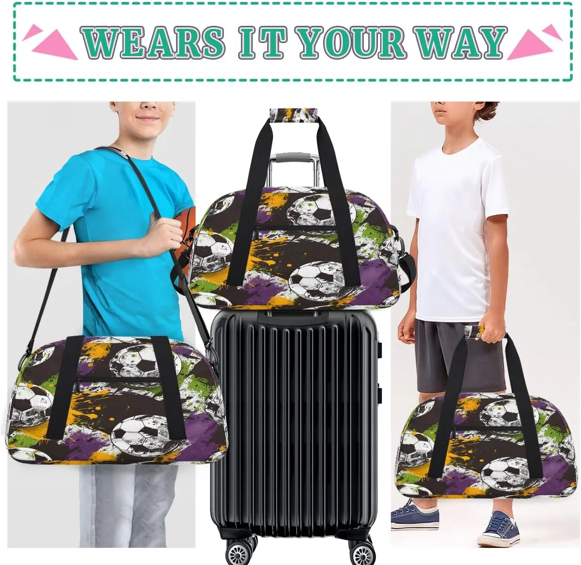 Sport Themed Kids Overnighter Duffel Bags for Boys, Carry-On Size Sports Gym Bag with Front Zipper Pocket for School Practice or Overnight Travel Weekender Sleepover Tote Bag