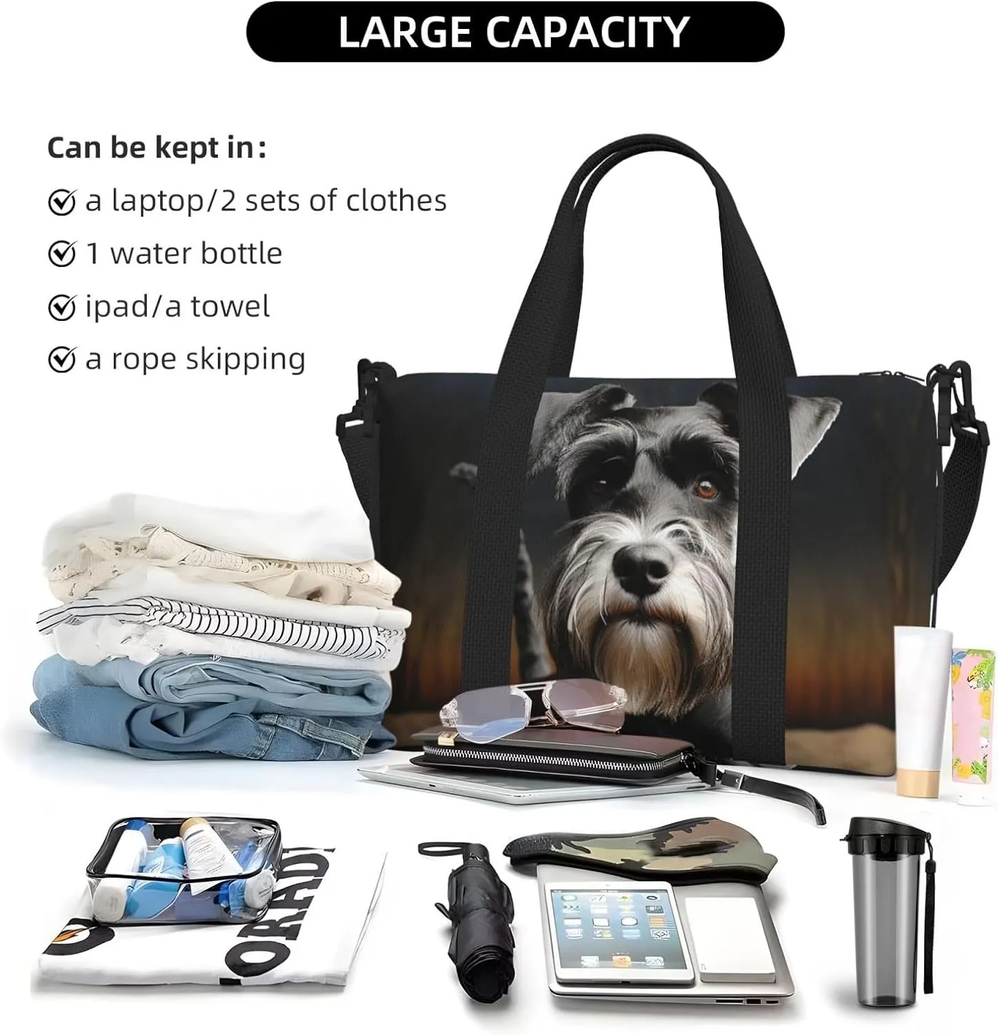 Sports Gym Bag for Women Men Travel Duffel Bag Tote Weekender Bag Carry on Overnight Bag for Travel Swimming Fitness Workout Sports Animal schnauzer dog Duffle Bag