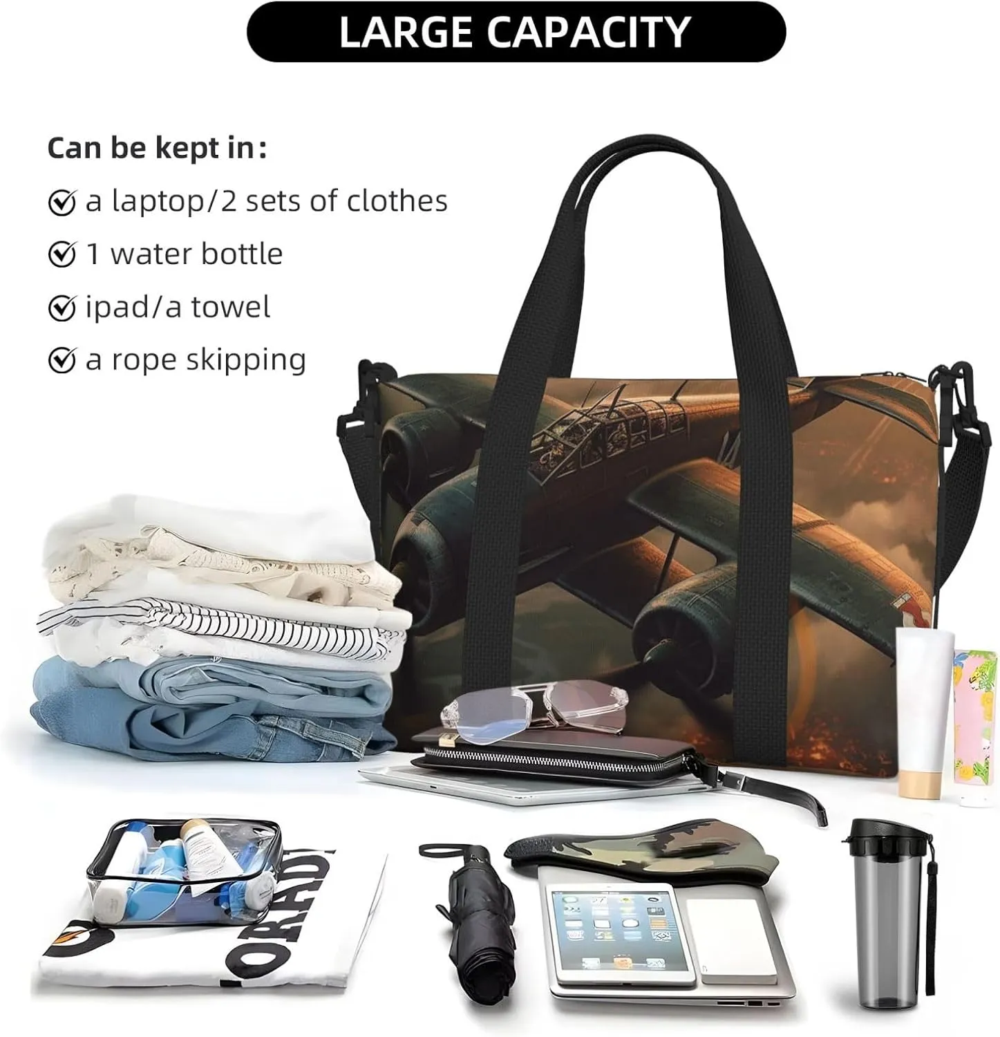 Sports Gym Bag for Women Men Travel Duffel Bag Tote Weekender Bag Carry on Overnight Bag for Travel Swimming Fitness Workout Sports World War Aircraft Duffle Bag