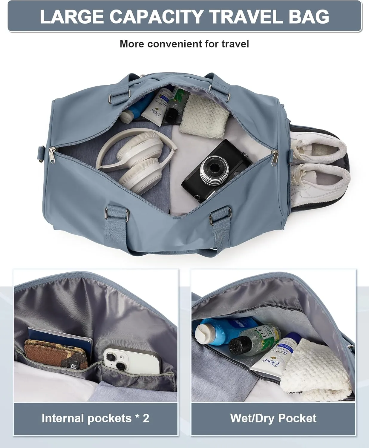 Sports Gym Bag for Women Men, Travel Duffle Bag Personal Item Travel Bag for Airplane, Waterproof Weekender Bag Carry On Tote Bags Overnight Bag with Shoes Compartment and Wet Pocket, Darkblue