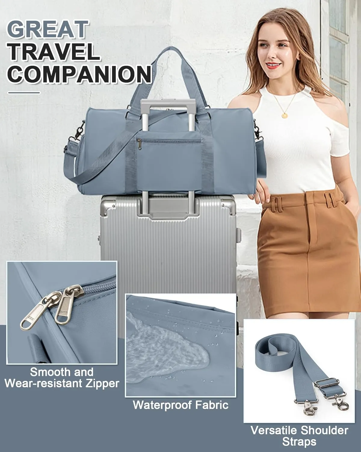 Sports Gym Bag for Women Men, Travel Duffle Bag Personal Item Travel Bag for Airplane, Waterproof Weekender Bag Carry On Tote Bags Overnight Bag with Shoes Compartment and Wet Pocket, Darkblue