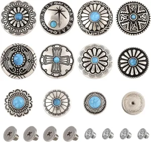 Spritewelry 48pcs/22 Sets Leather Decorative Conchos Stud Screw Back Buttons Imitation Turquoise Rapid Rivets Vintage Metal Button Replacement Alloy Buckle Rivet for Fabrics Sewing Decor