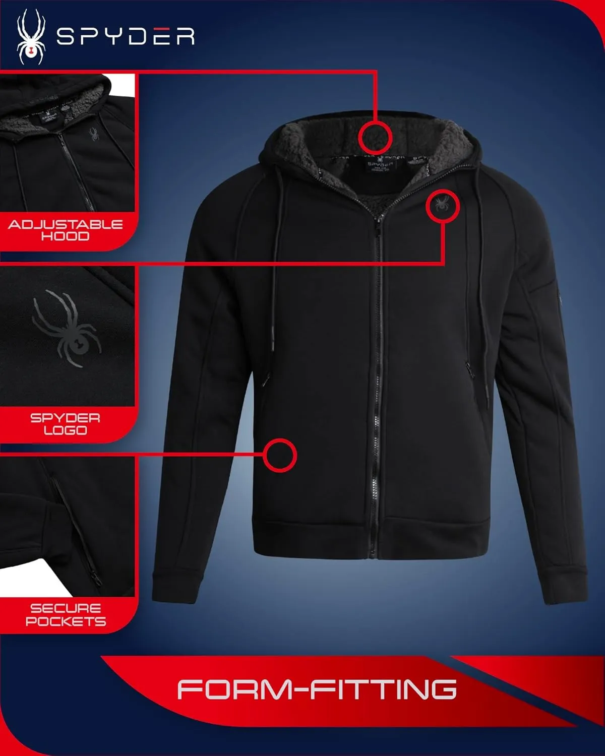 Spyder Men's Hoodie - Sherpa Lined Fleece Zip Up Jacket with ThermoWeb Insulation - Warm Outerwear Hoodies for Men (S-XXL)