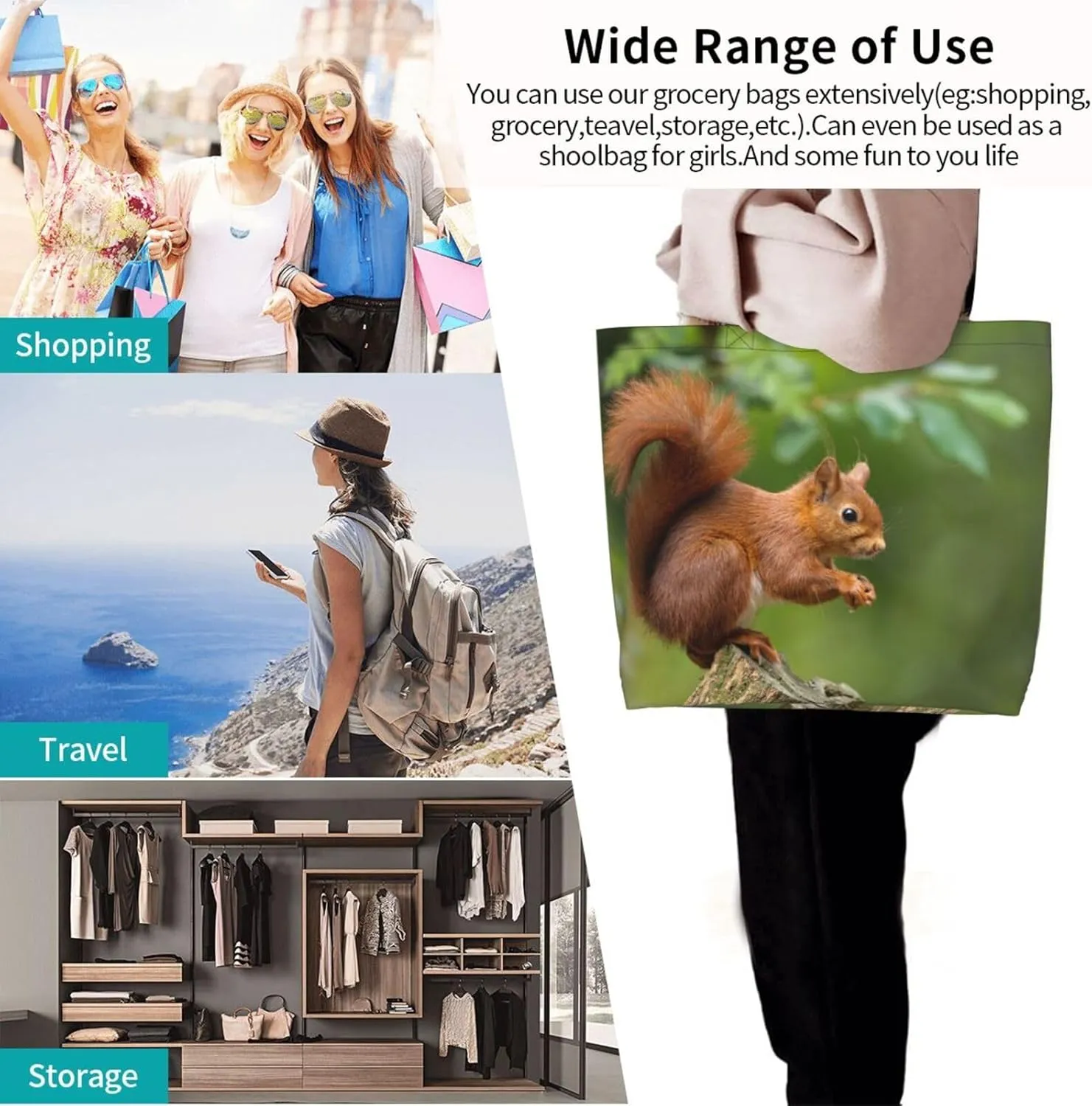 Squirrel Canvas Tote Bag Cute Shoulder Bag Handbag Casual Animal Grocery Bags Cute Animals Bag for Outdoor