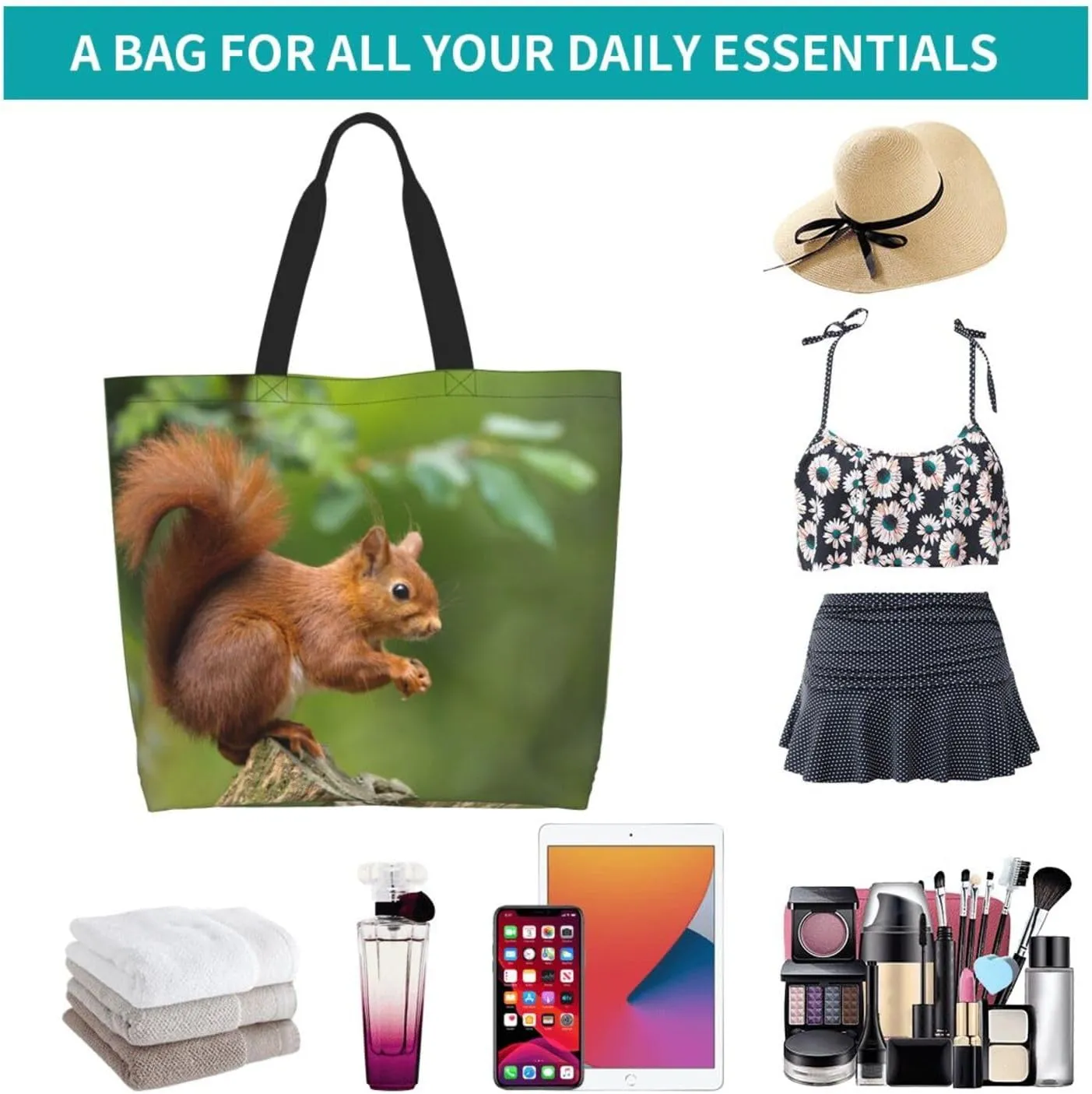 Squirrel Canvas Tote Bag Cute Shoulder Bag Handbag Casual Animal Grocery Bags Cute Animals Bag for Outdoor