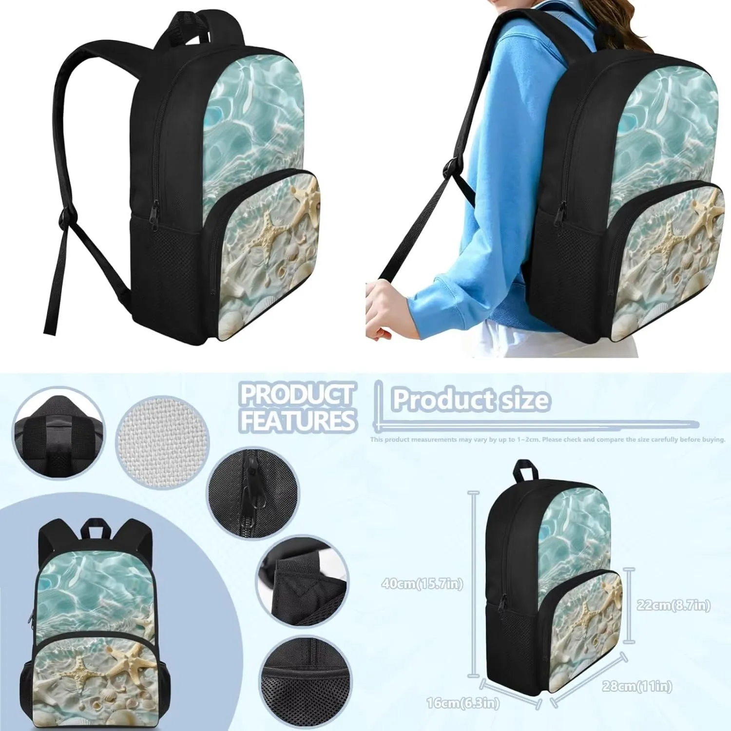 Starfish 3 Piece School Bag Set for Girls 15 inch Large Capacity Backpack and Lunch Box Set Water-Resistant Leakproof Lunch Bag for Outdoor Work University Shopping