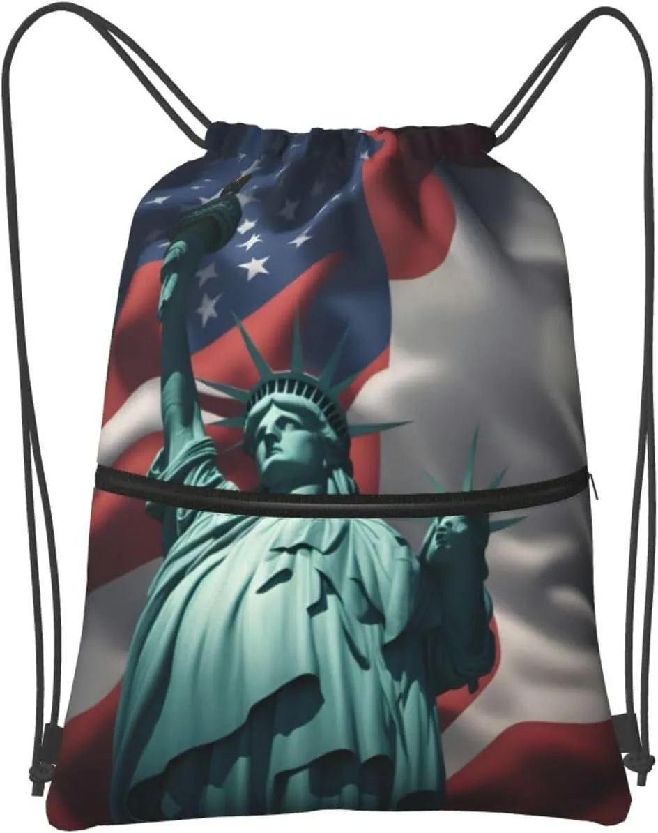 Statue Of Liberty Flag Drawstring Backpack String Bag Sackpack Cinch For Gym Shopping Sport Yoga