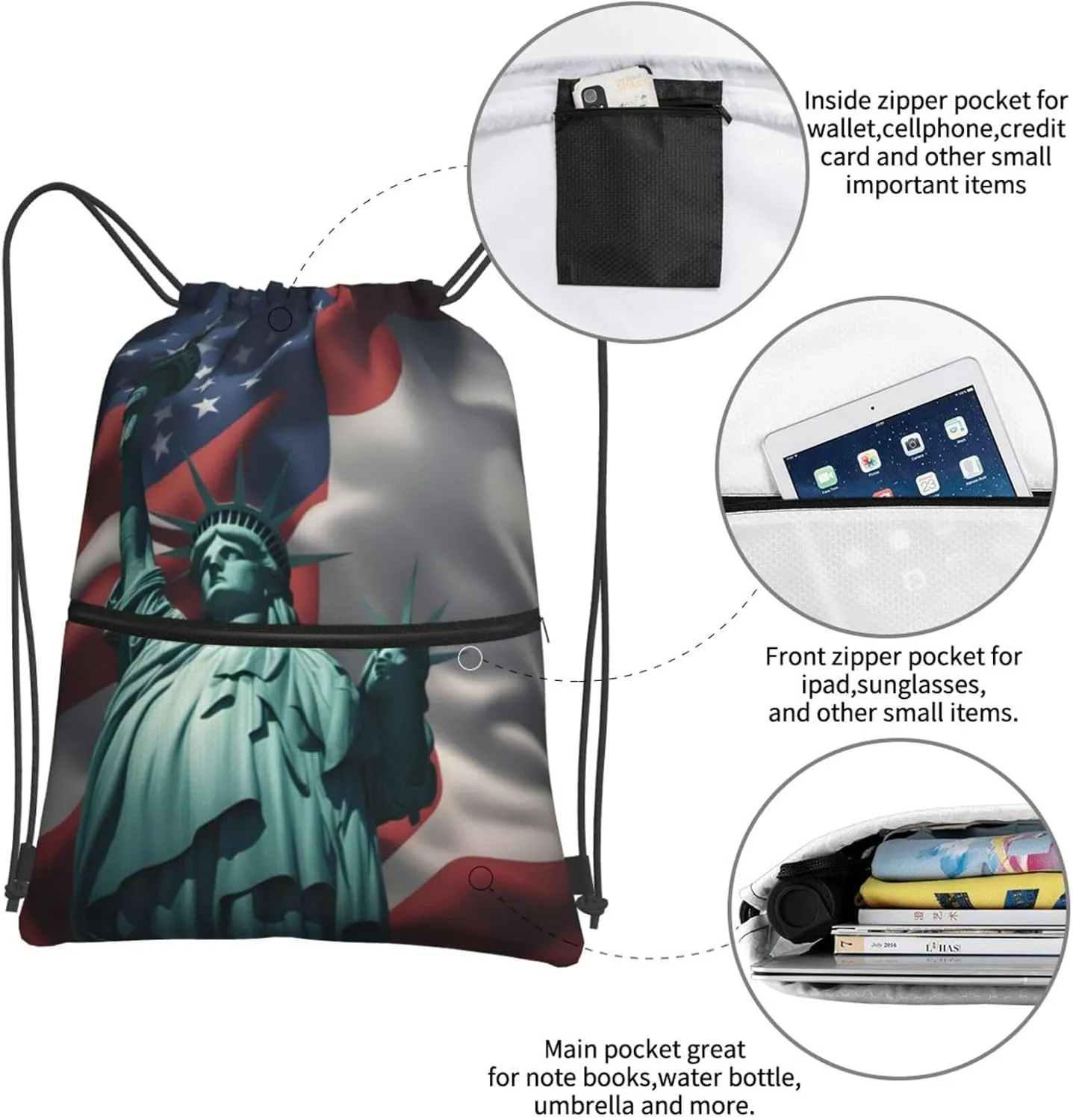 Statue Of Liberty Flag Drawstring Backpack String Bag Sackpack Cinch For Gym Shopping Sport Yoga