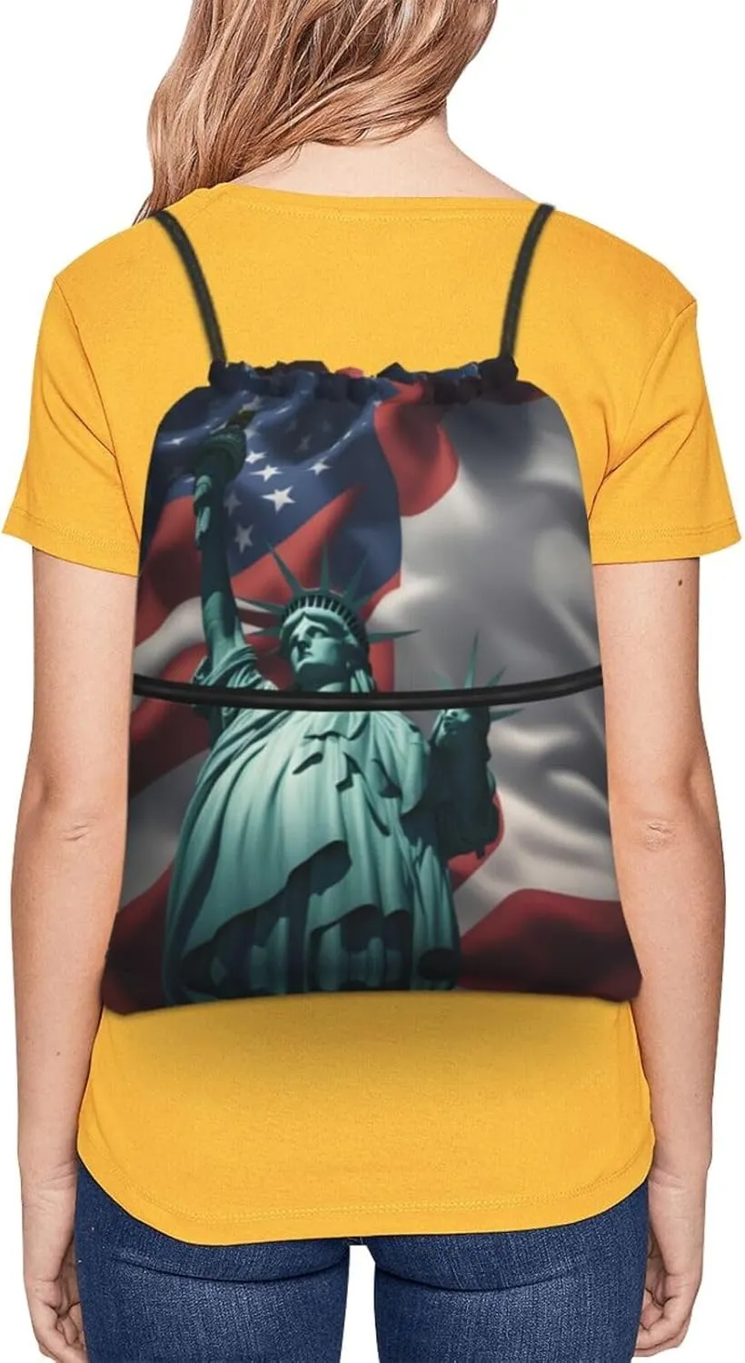 Statue Of Liberty Flag Drawstring Backpack String Bag Sackpack Cinch For Gym Shopping Sport Yoga