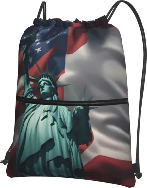 Statue Of Liberty Flag Drawstring Backpack String Bag Sackpack Cinch For Gym Shopping Sport Yoga