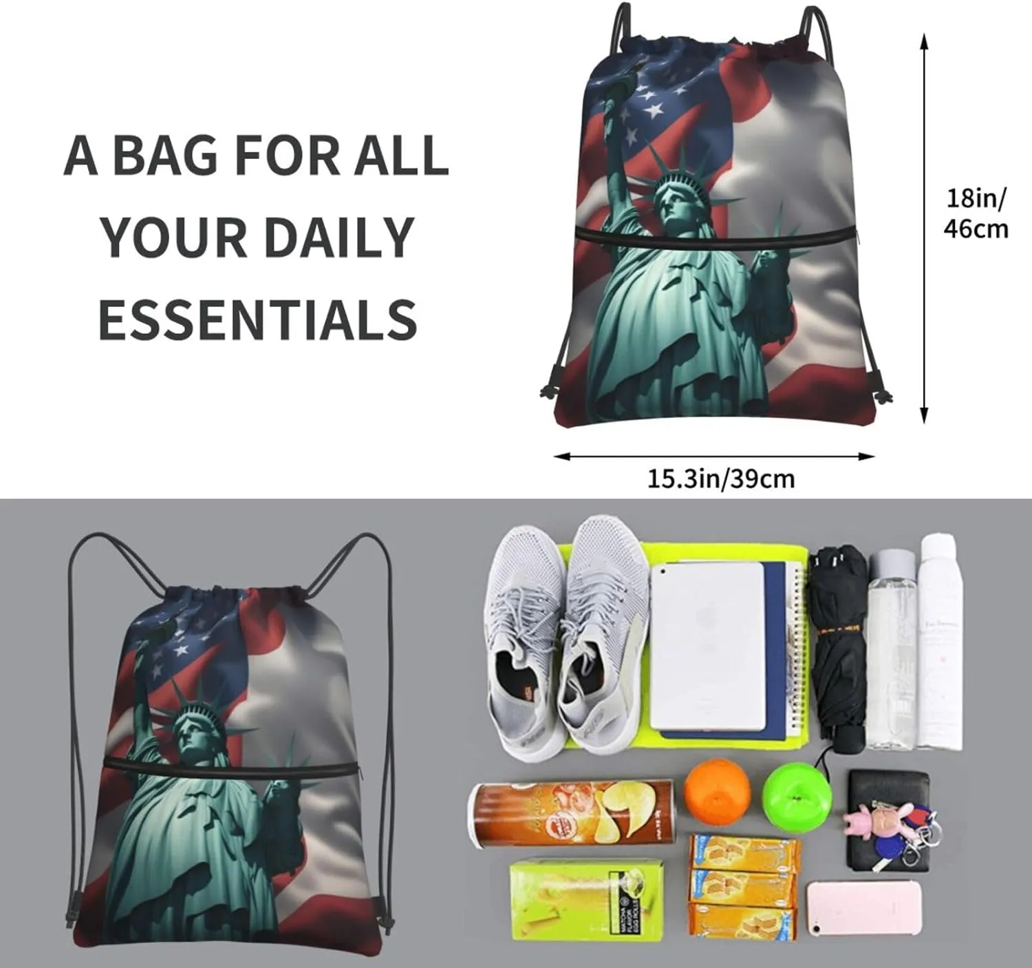 Statue Of Liberty Flag Drawstring Backpack String Bag Sackpack Cinch For Gym Shopping Sport Yoga