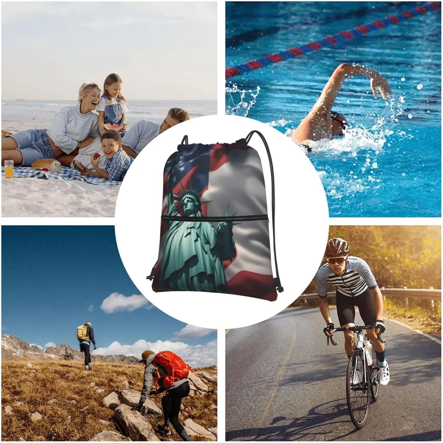 Statue Of Liberty Flag Drawstring Backpack String Bag Sackpack Cinch For Gym Shopping Sport Yoga