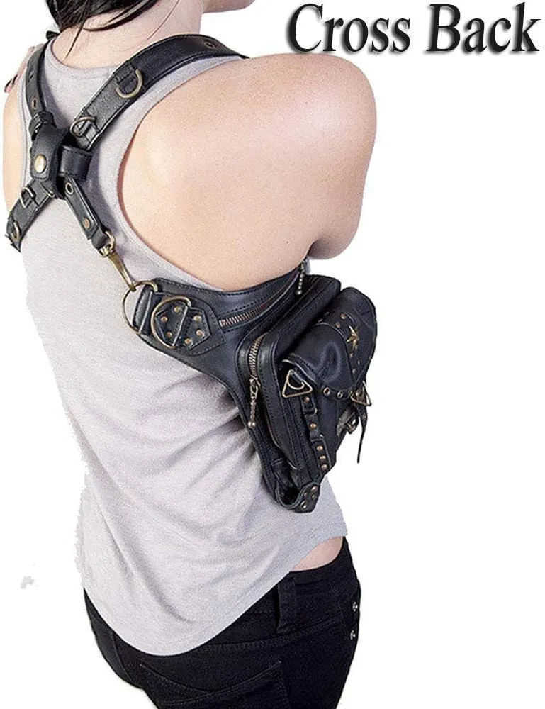 Steampunk Waist Bag Fanny Pack Fashion Gothic Leather Shoulder Crossbody Messenger Bags Thigh Leg Hip Holster Purse Travel Pouch Hiking Sport Chain Bags for Women Men