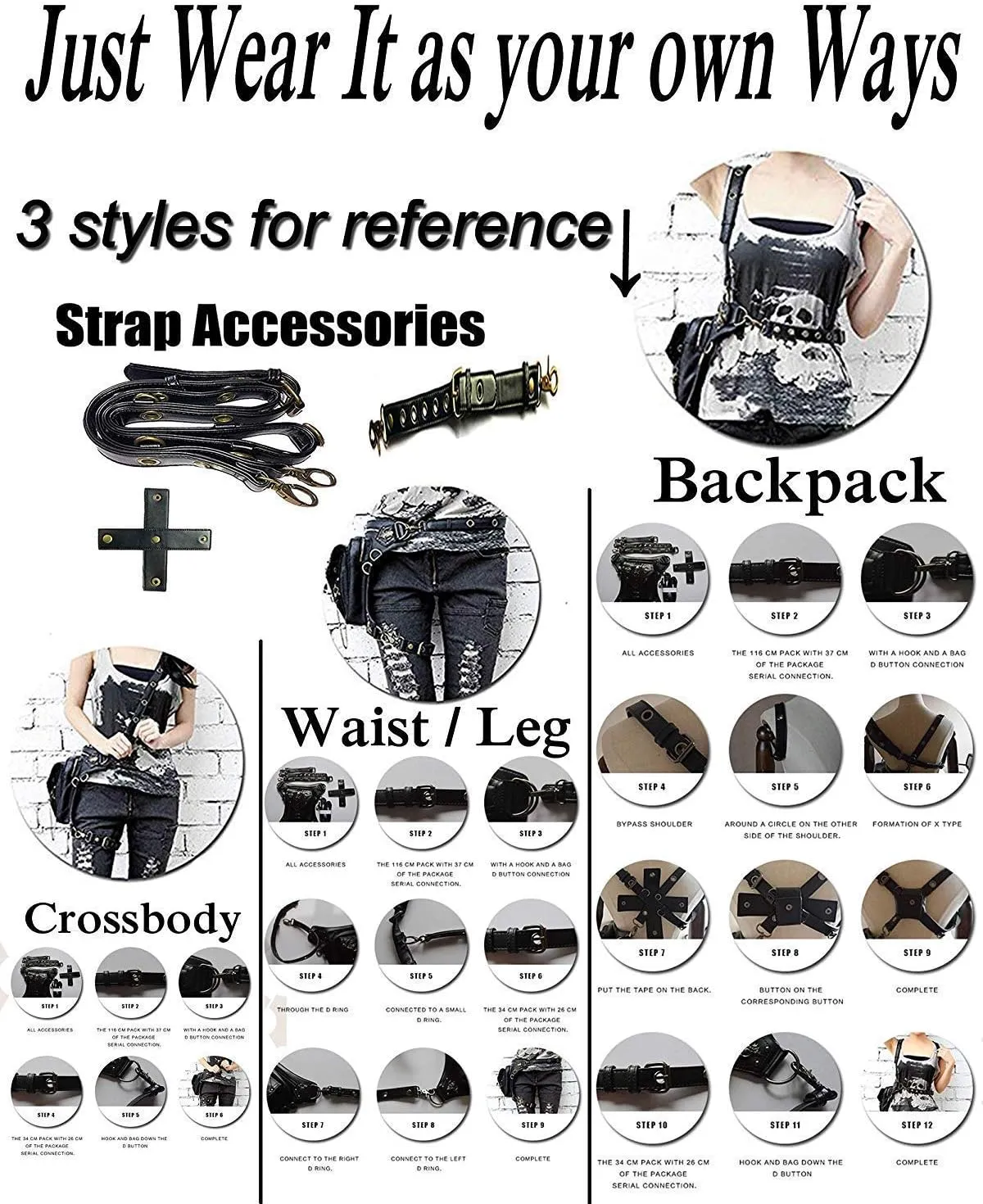 Steampunk Waist Bag Fanny Pack Fashion Gothic Leather Shoulder Crossbody Messenger Bags Thigh Leg Hip Holster Purse Travel Pouch Hiking Sport Chain Bags for Women Men