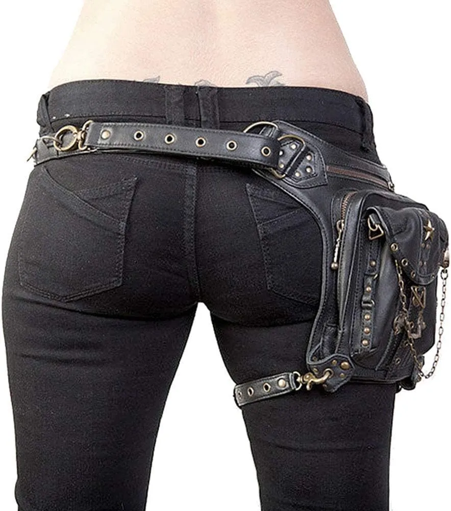 Steampunk Waist Bag Fanny Pack Fashion Gothic Leather Shoulder Crossbody Messenger Bags Thigh Leg Hip Holster Purse Travel Pouch Hiking Sport Chain Bags for Women Men