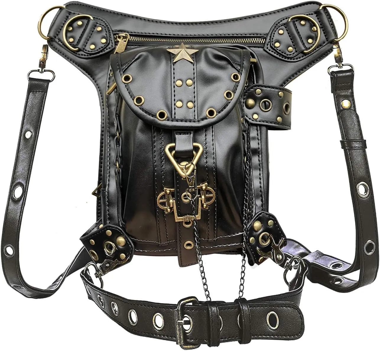 Steampunk Waist Bag Fanny Pack Fashion Gothic Leather Shoulder Crossbody Messenger Bags Thigh Leg Hip Holster Purse Travel Pouch Hiking Sport Chain Bags for Women Men