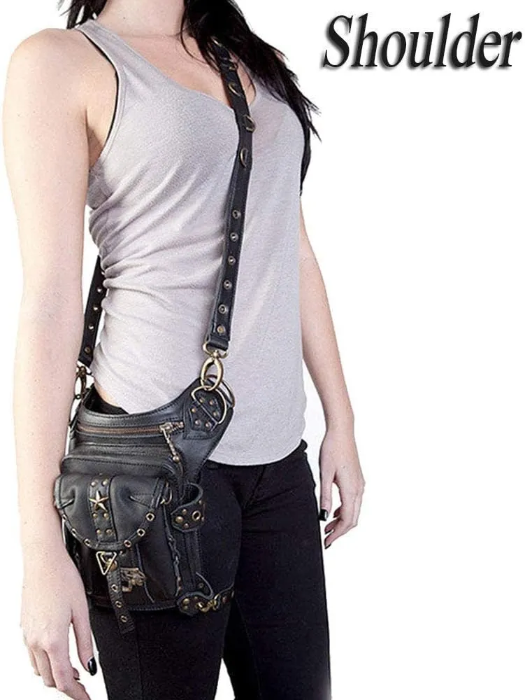 Steampunk Waist Bag Fanny Pack Fashion Gothic Leather Shoulder Crossbody Messenger Bags Thigh Leg Hip Holster Purse Travel Pouch Hiking Sport Chain Bags for Women Men