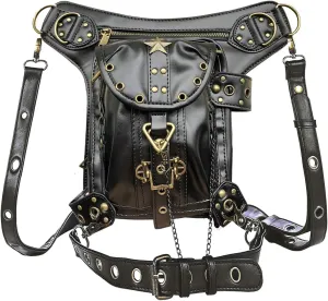 Steampunk Waist Bag Fanny Pack Fashion Gothic Leather Shoulder Crossbody Messenger Bags Thigh Leg Hip Holster Purse Travel Pouch Hiking Sport Chain Bags for Women Men