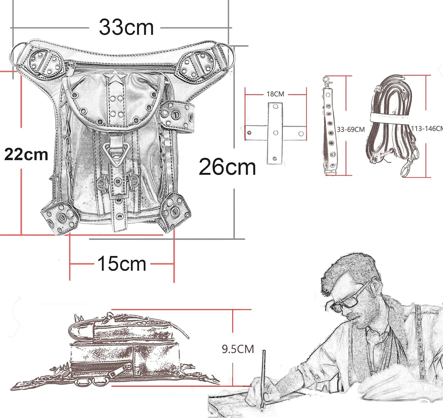 Steampunk Waist Bag Fanny Pack Fashion Gothic Leather Shoulder Crossbody Messenger Bags Thigh Leg Hip Holster Purse Travel Pouch Hiking Sport Chain Bags for Women Men