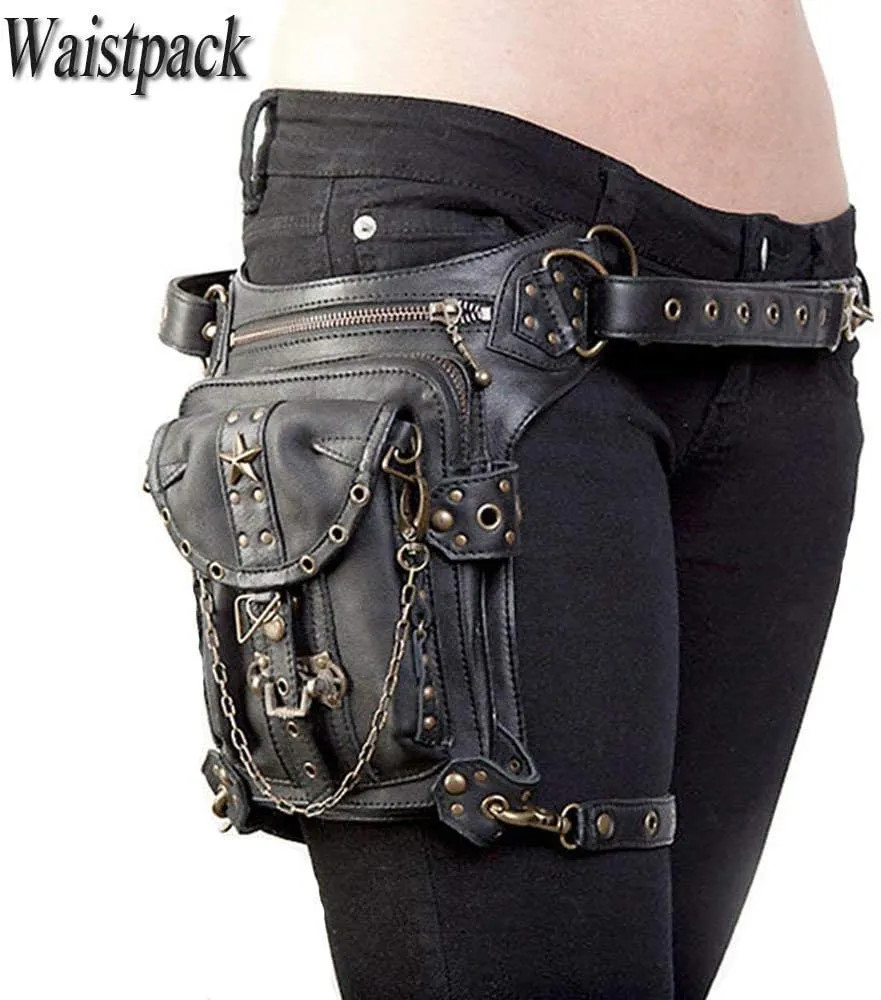 Steampunk Waist Bag Fanny Pack Fashion Gothic Leather Shoulder Crossbody Messenger Bags Thigh Leg Hip Holster Purse Travel Pouch Hiking Sport Chain Bags for Women Men