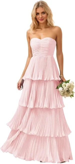 Strapless Ruffle Bridesmaid Dresses for Wedding Long Tiered Prom Dress Flowy Floral Chiffon Formal Evening Gowns