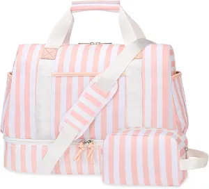 Stripe Weekender Overnight Bags for Women - 2Pcs Carry On Travel Duffle Bag with Shoe Compartment