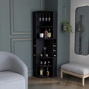 Stylish Oban Corner Bar Cabinet with Five Shelves and Eight Bottle Cubbies, Modern Design in Steamware Black