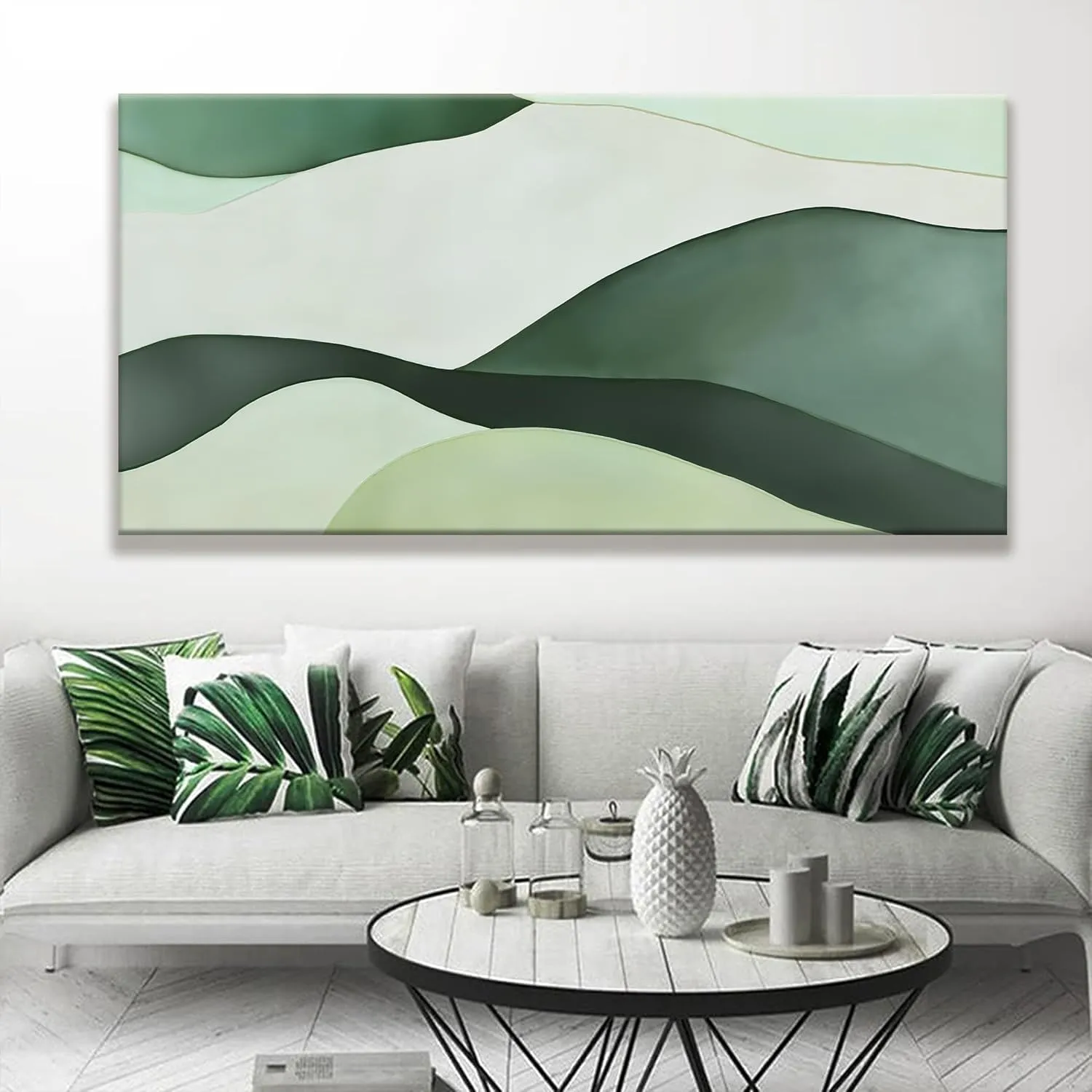 Suconvng Large Abstract Wall Art 29"x58" Green White Modern Canvas Art Print for Living Room Decor