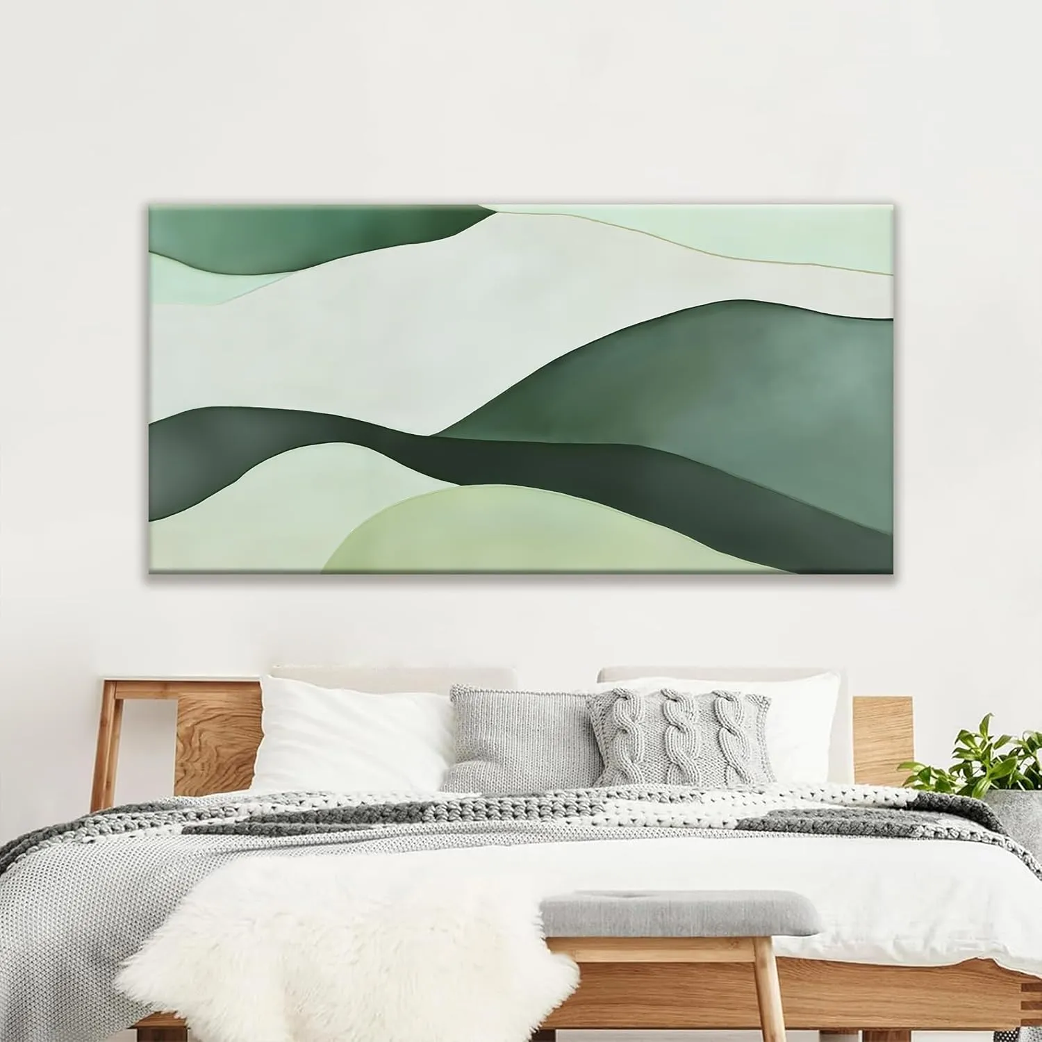Suconvng Large Abstract Wall Art 29"x58" Green White Modern Canvas Art Print for Living Room Decor
