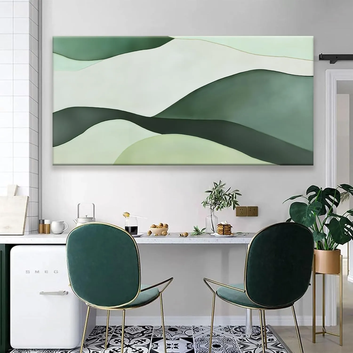 Suconvng Large Abstract Wall Art 29"x58" Green White Modern Canvas Art Print for Living Room Decor