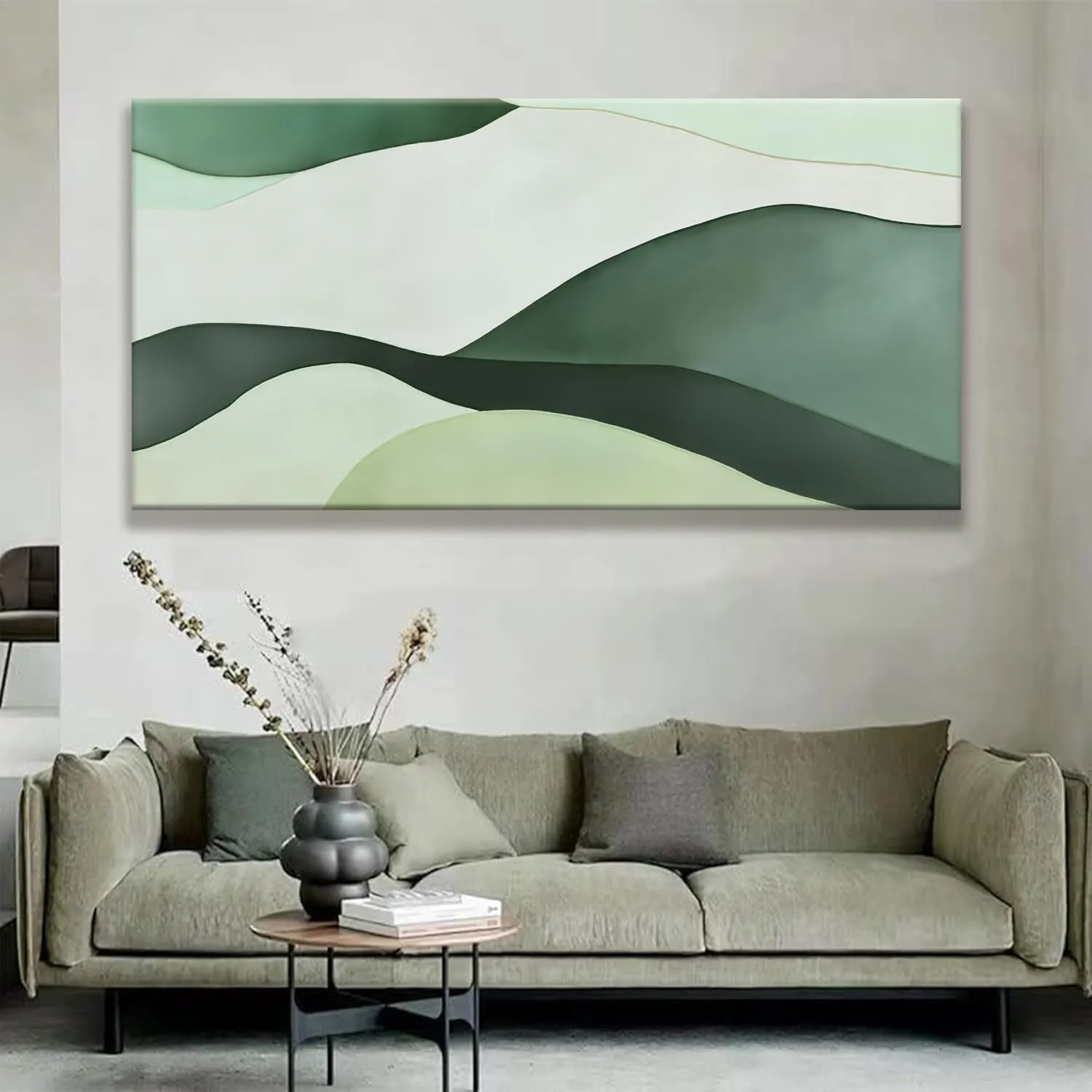 Suconvng Large Abstract Wall Art 29"x58" Green White Modern Canvas Art Print for Living Room Decor