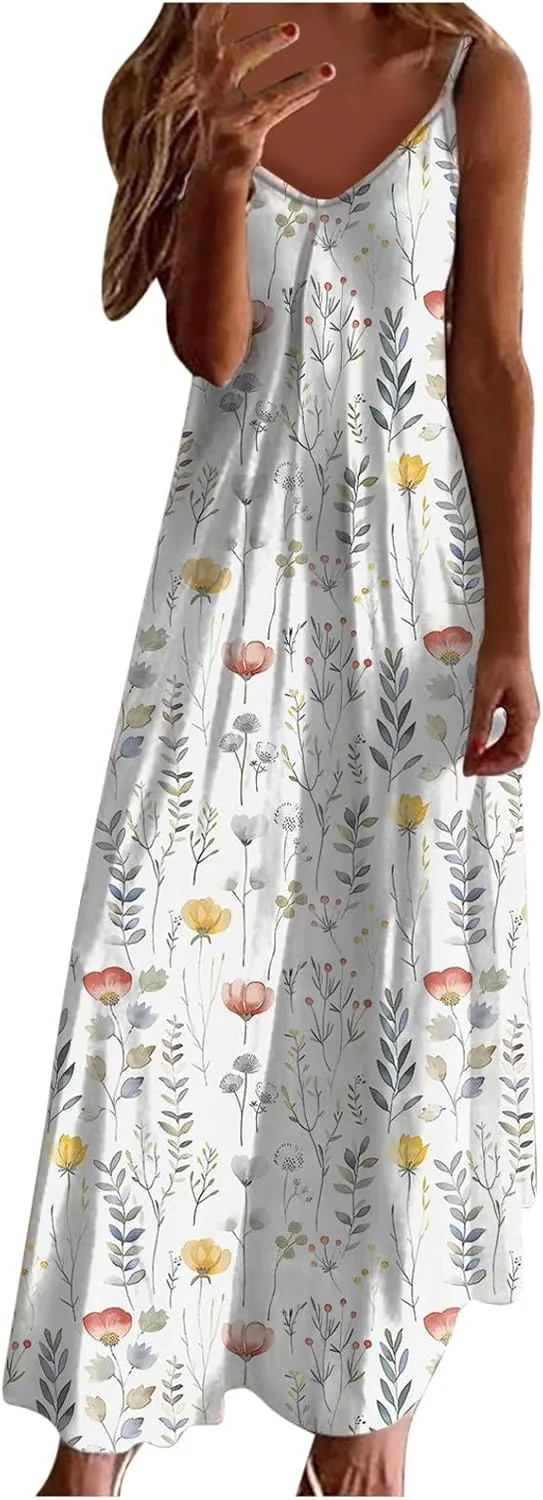 Summer Casual Dresses for Women Floral Vintage Summer Sleeveless Spaghetti Strap Dress Maxi V-Neck Casual Dresses