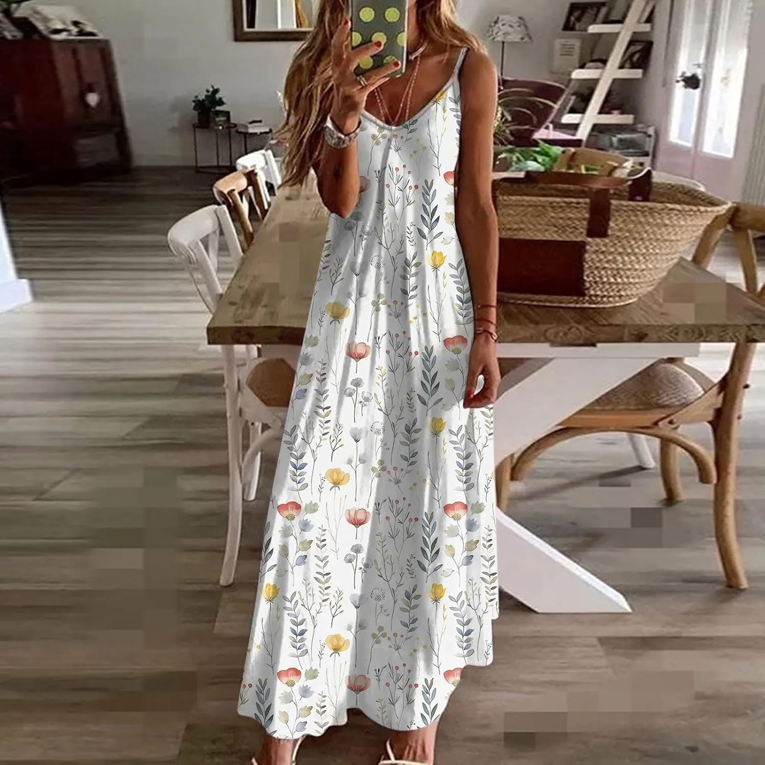 Summer Casual Dresses for Women Floral Vintage Summer Sleeveless Spaghetti Strap Dress Maxi V-Neck Casual Dresses