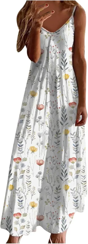 Summer Casual Dresses for Women Floral Vintage Summer Sleeveless Spaghetti Strap Dress Maxi V-Neck Casual Dresses
