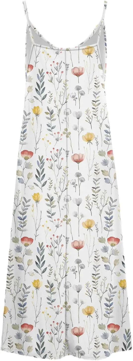 Summer Casual Dresses for Women Floral Vintage Summer Sleeveless Spaghetti Strap Dress Maxi V-Neck Casual Dresses