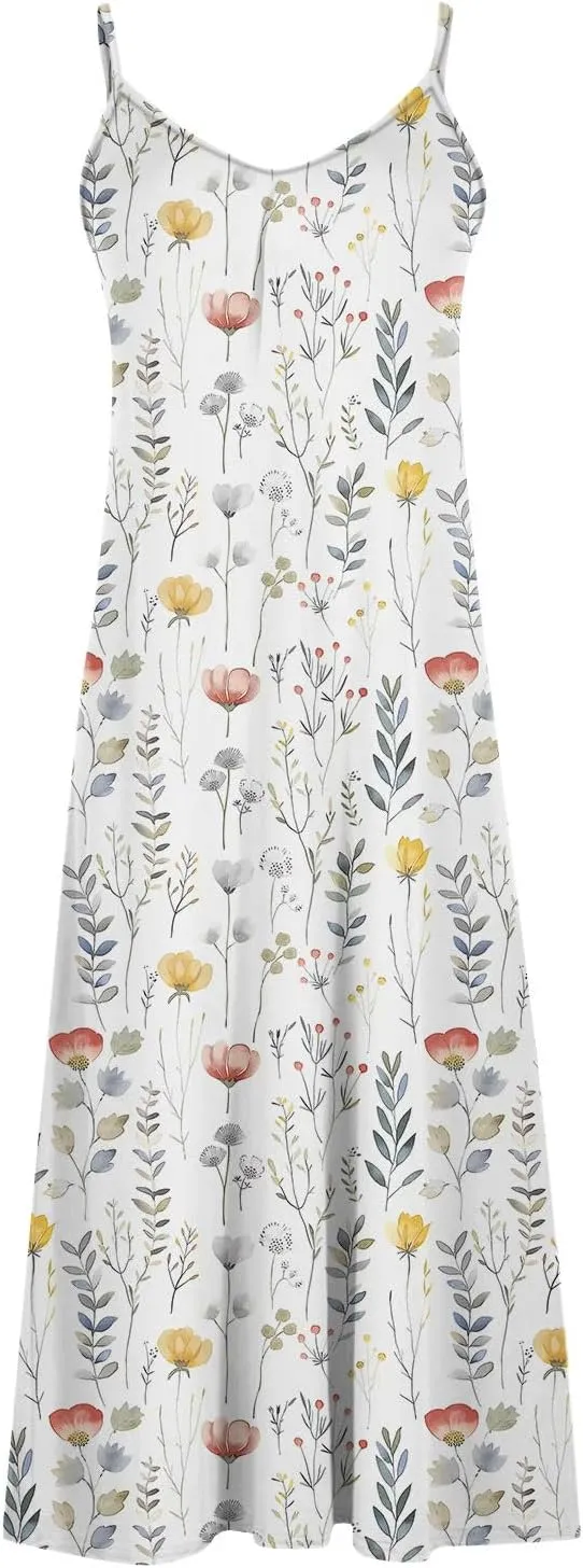 Summer Casual Dresses for Women Floral Vintage Summer Sleeveless Spaghetti Strap Dress Maxi V-Neck Casual Dresses