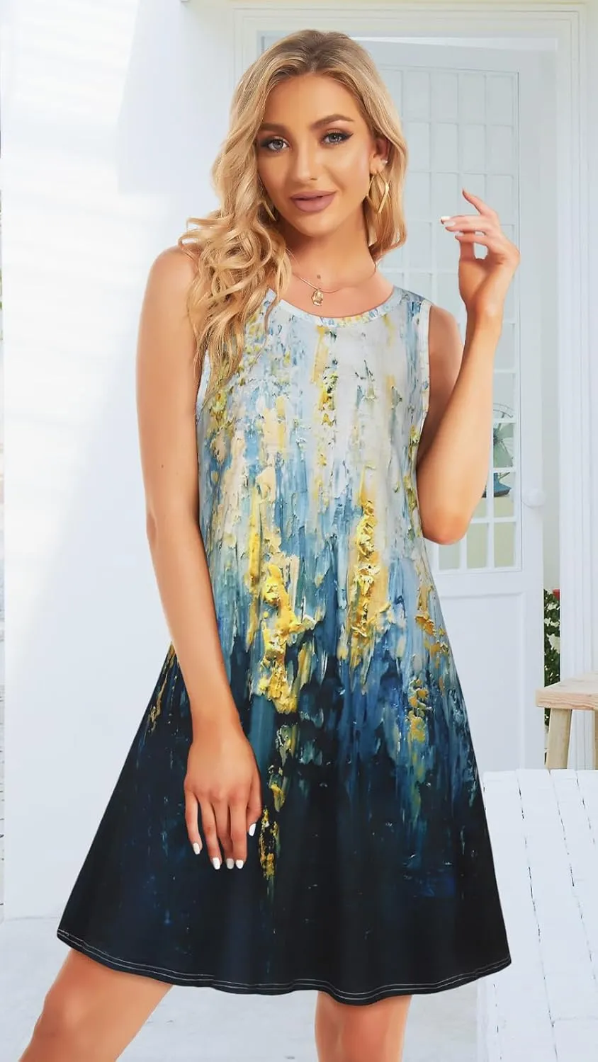 Summer Dresses for Women Beach Boho Sleeveless Vintage Floral Flowy Pocket Tshirt Tank Sundresses