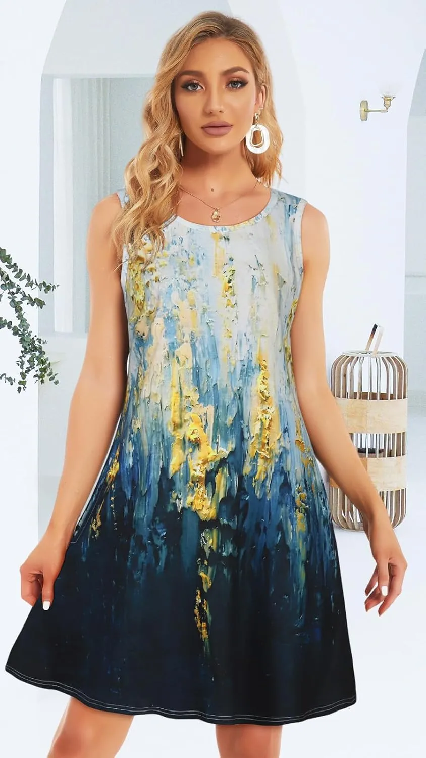 Summer Dresses for Women Beach Boho Sleeveless Vintage Floral Flowy Pocket Tshirt Tank Sundresses
