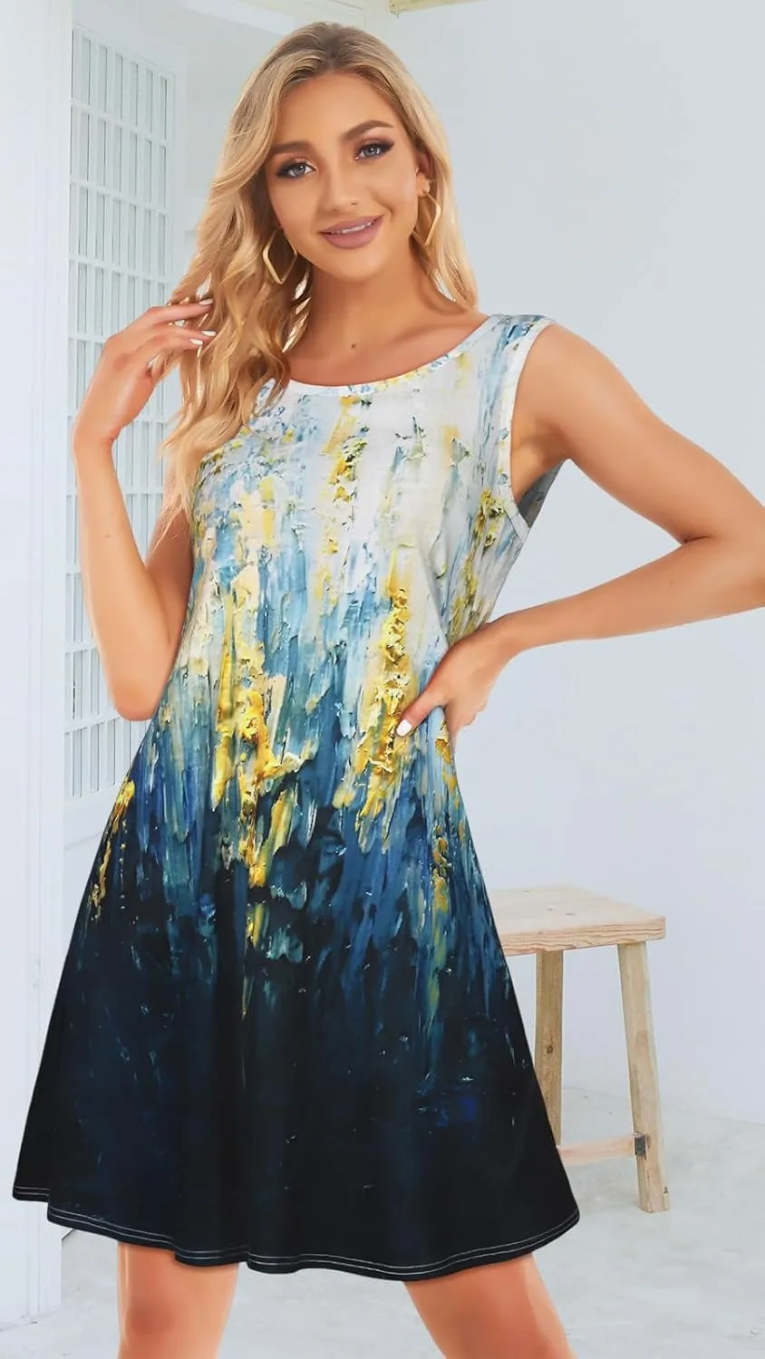 Summer Dresses for Women Beach Boho Sleeveless Vintage Floral Flowy Pocket Tshirt Tank Sundresses
