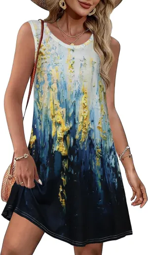 Summer Dresses for Women Beach Boho Sleeveless Vintage Floral Flowy Pocket Tshirt Tank Sundresses