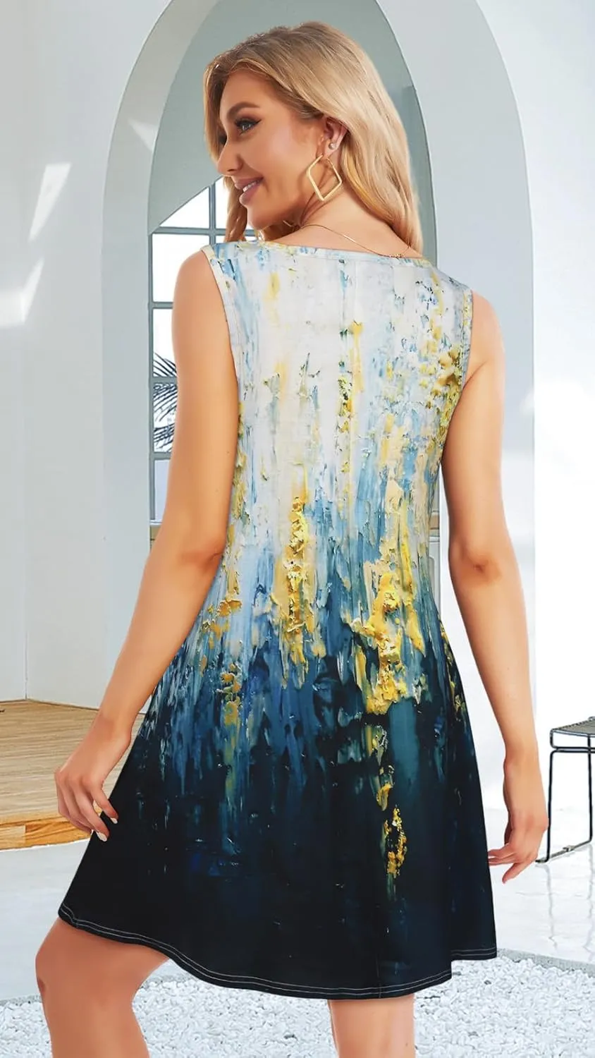 Summer Dresses for Women Beach Boho Sleeveless Vintage Floral Flowy Pocket Tshirt Tank Sundresses