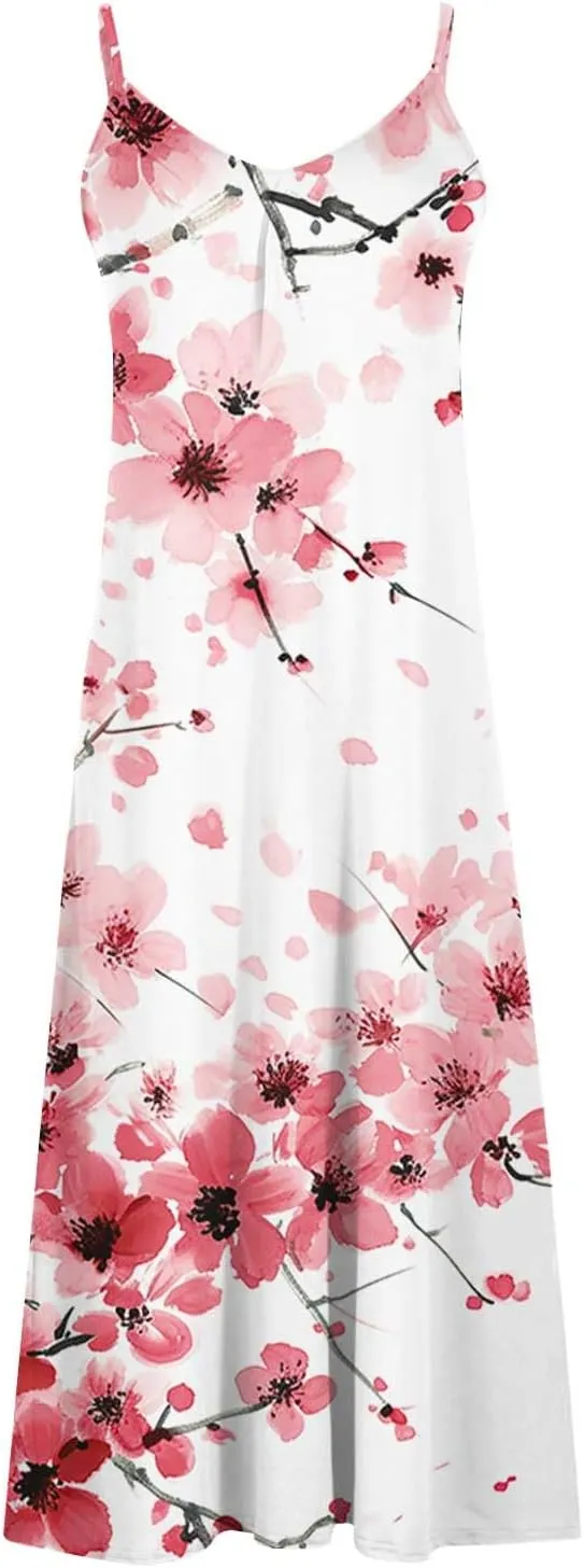 Sundresses for Women 2024 Spaghetti Strap Cute Print Halter Maxi Dresses Empire Waist Flowy Summer Beach Dresses