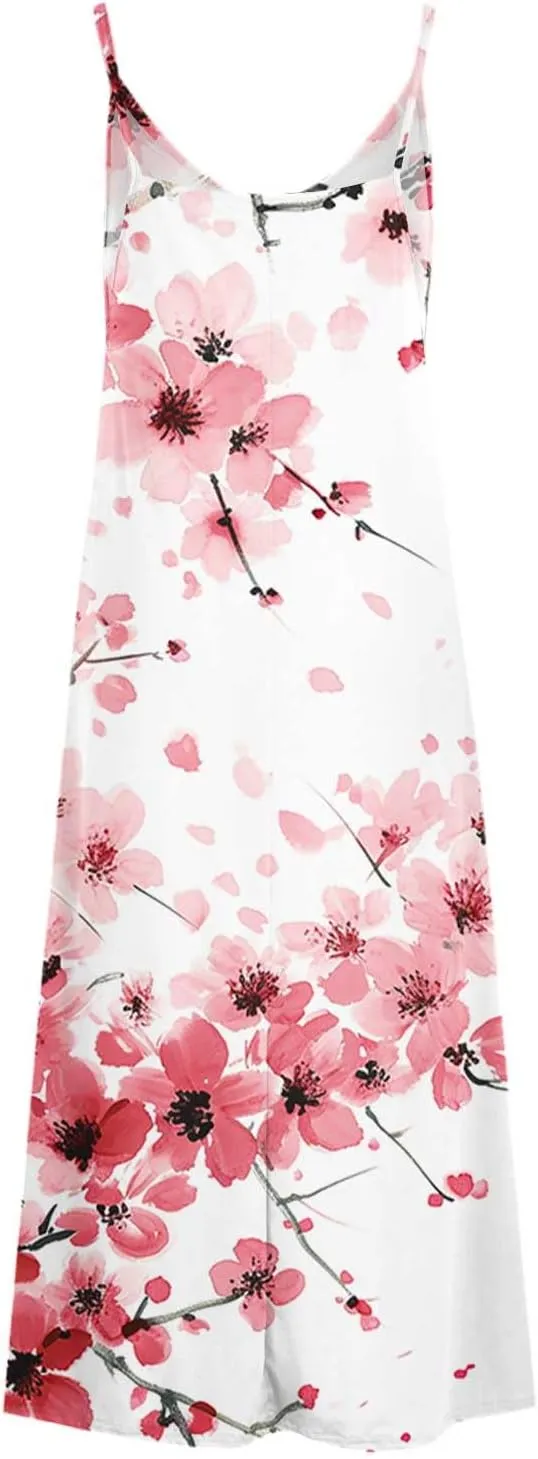 Sundresses for Women 2024 Spaghetti Strap Cute Print Halter Maxi Dresses Empire Waist Flowy Summer Beach Dresses