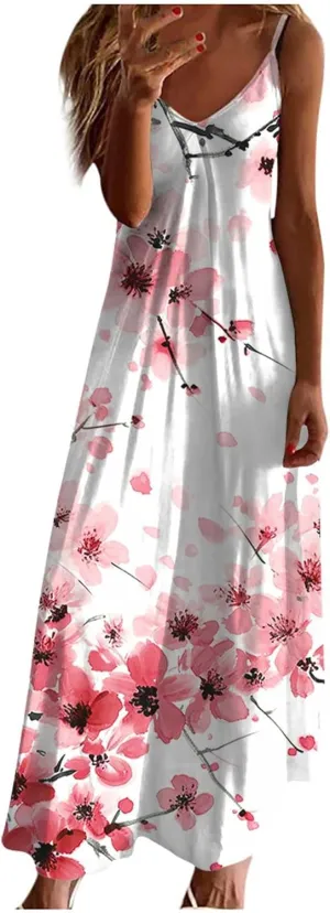 Sundresses for Women 2024 Spaghetti Strap Cute Print Halter Maxi Dresses Empire Waist Flowy Summer Beach Dresses